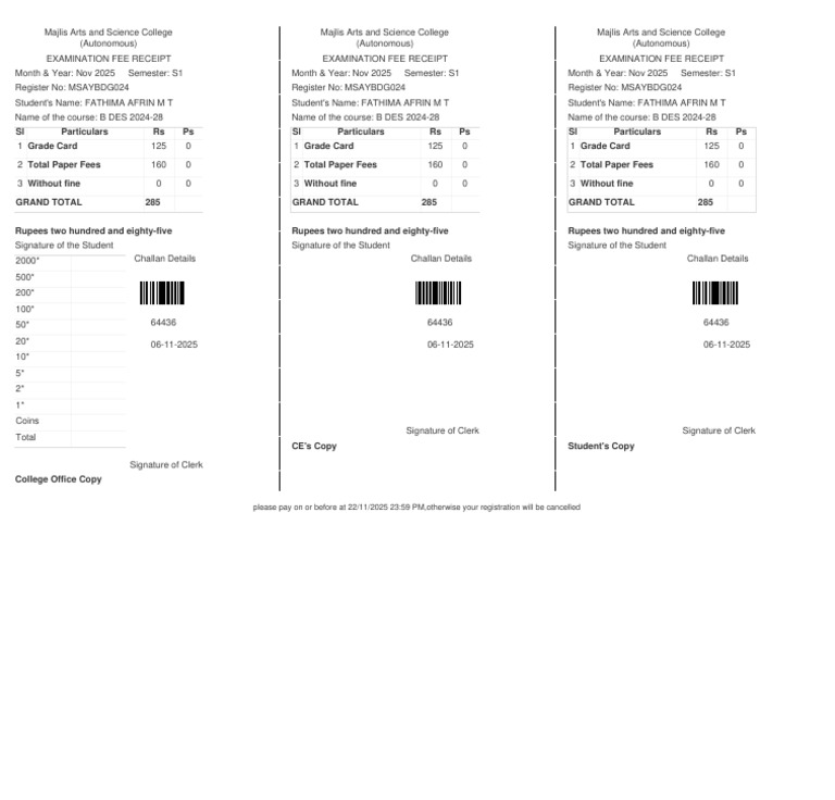 Examination Fee Receipt for B DES 2024-28 | PDF | Rupee | Currency