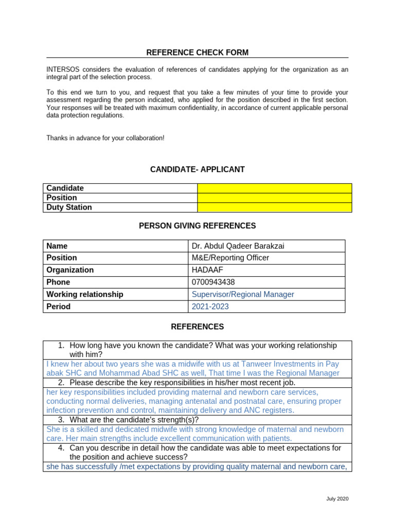 Candidate Reference Check Form | PDF | Midwife | Health Care