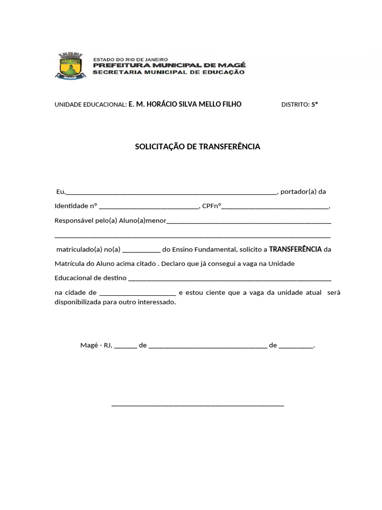 Solicitação de Transferência Escolar | PDF