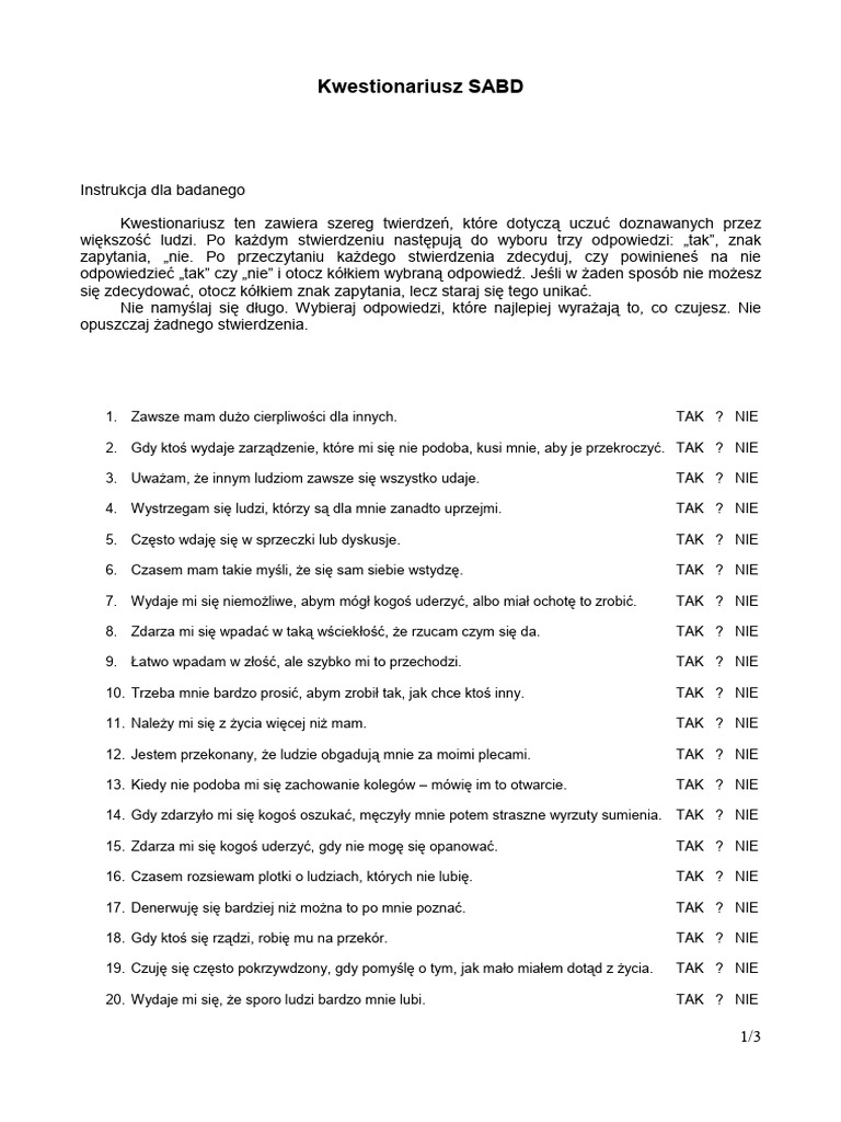 Kwestionariusz SABD | PDF