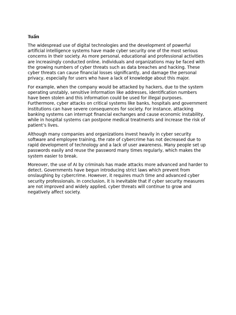 He Impact of AI On Cyber Security - 202417064 - Quangtuan | PDF