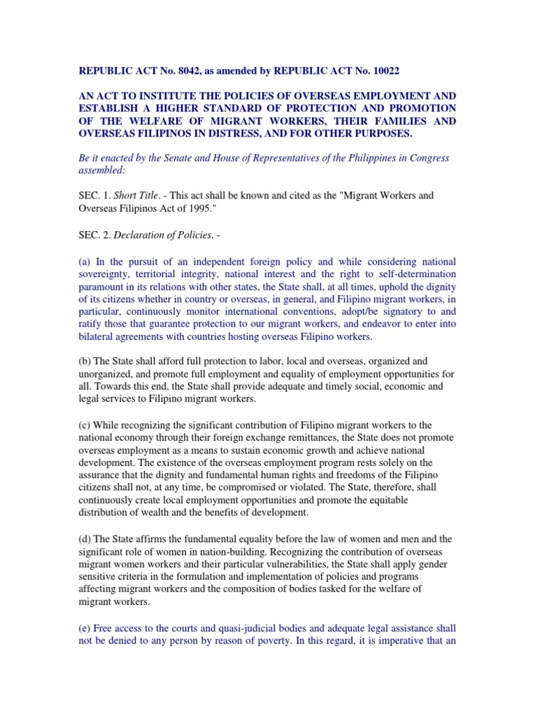 RA 8042 and RA 10022 Overview | PDF | Migrant Worker | Employment