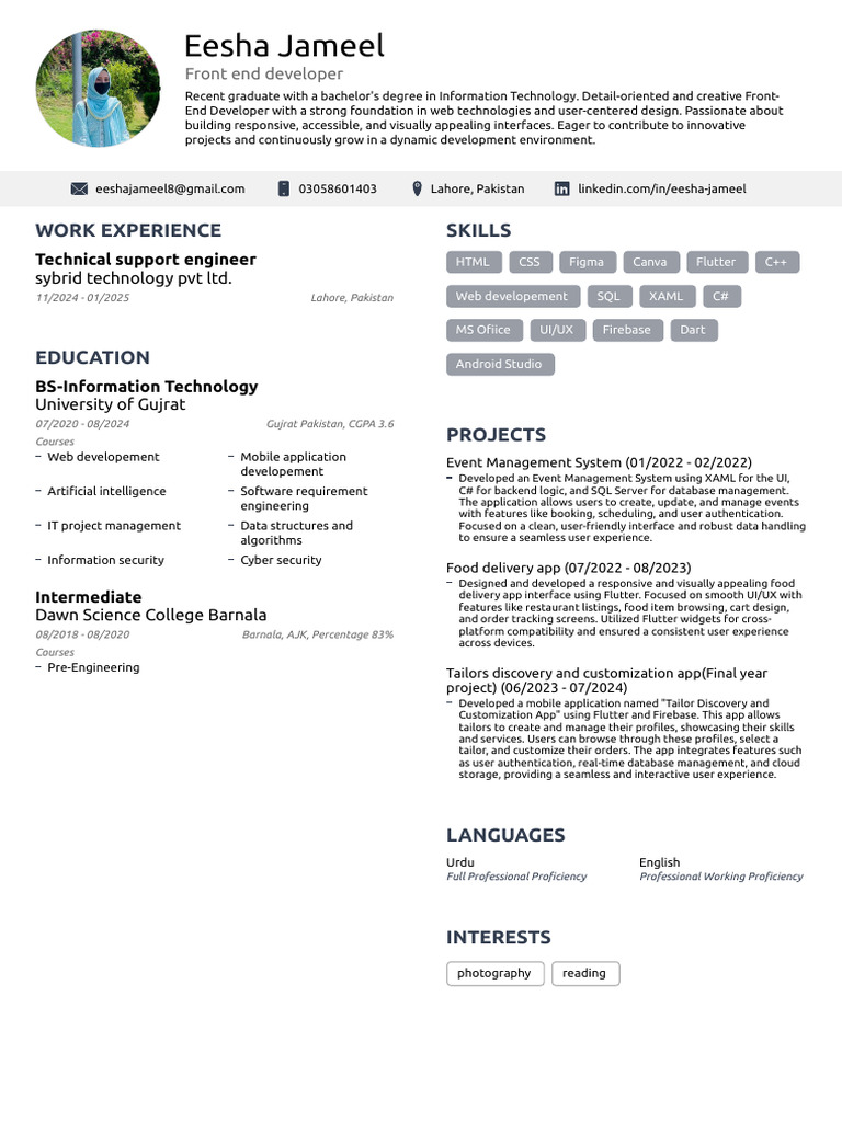 Front-End Developer Resume - Eesha Jameel | PDF | Mobile App | Web ...