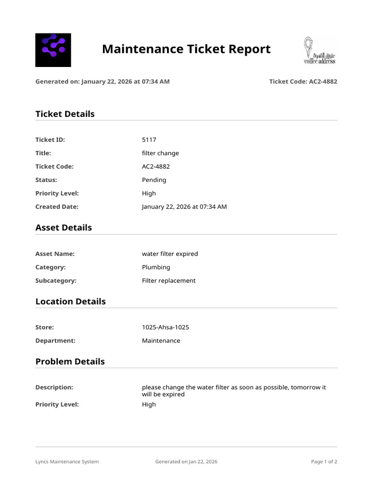 Urgent Water Filter Change Ticket | PDF