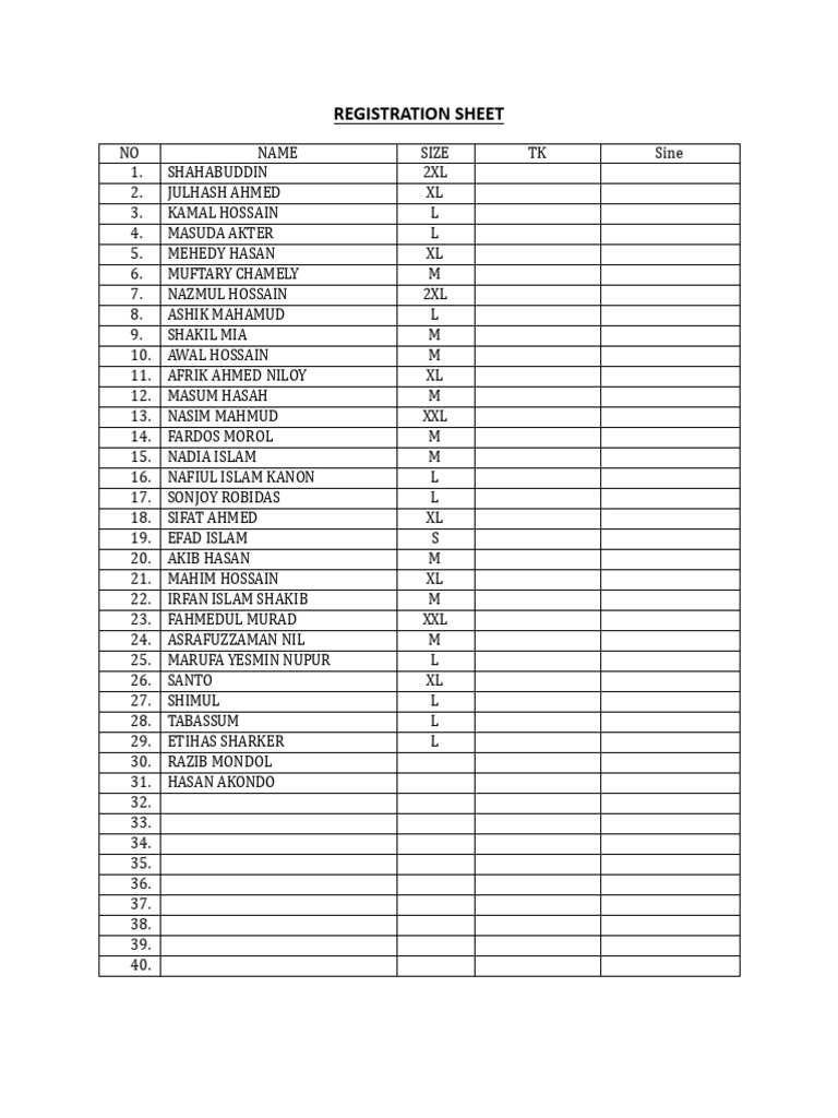 Registration Sheet for Clothing Sizes | PDF