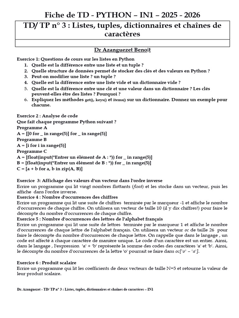 TD Python : Listes, Dictionnaires et Exos | PDF | Matrice ...
