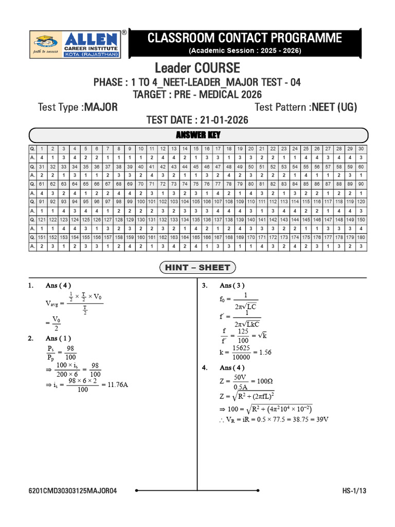 NEET 2026 Major Test 04 Answer Key | PDF | Aldehyde | Chemical Reactions