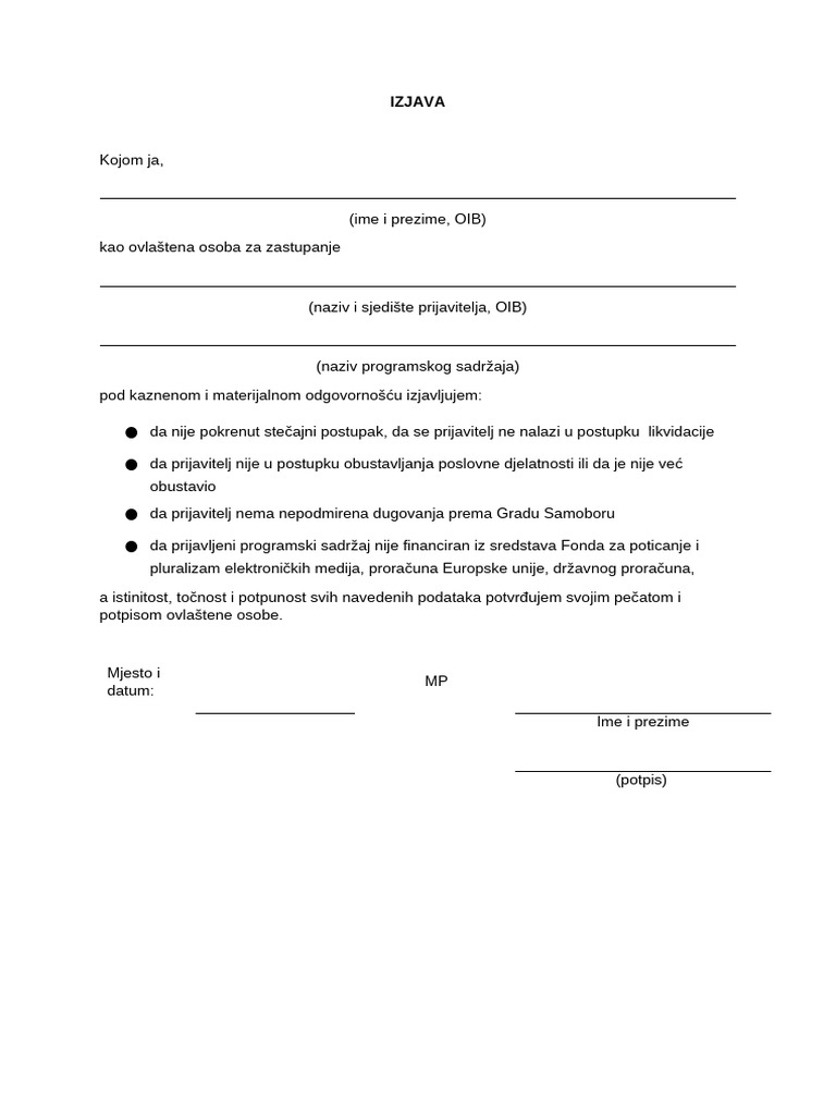 Obrazac BR 3 Izjava o Nepostojanju Zapreka Za Financiranje U 2026 | PDF