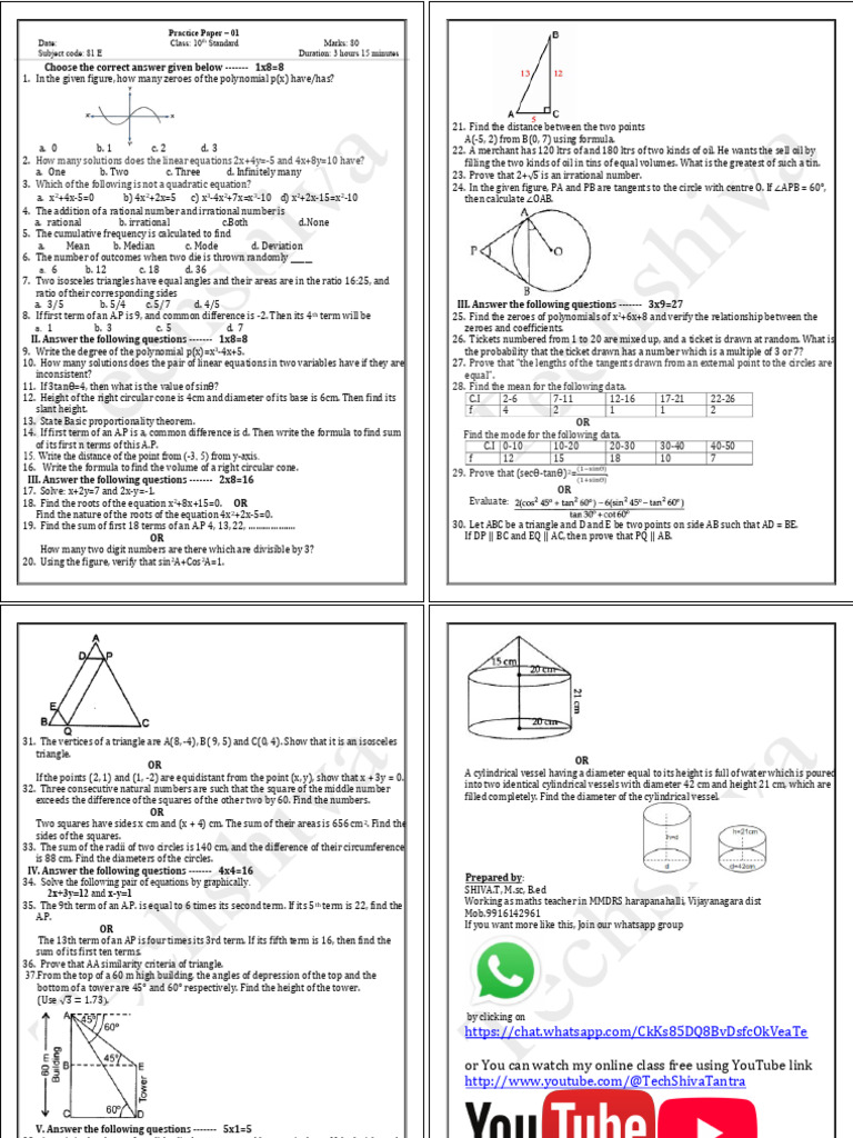Class 10 Math Practice Paper 01 | PDF | Numbers | Polynomial