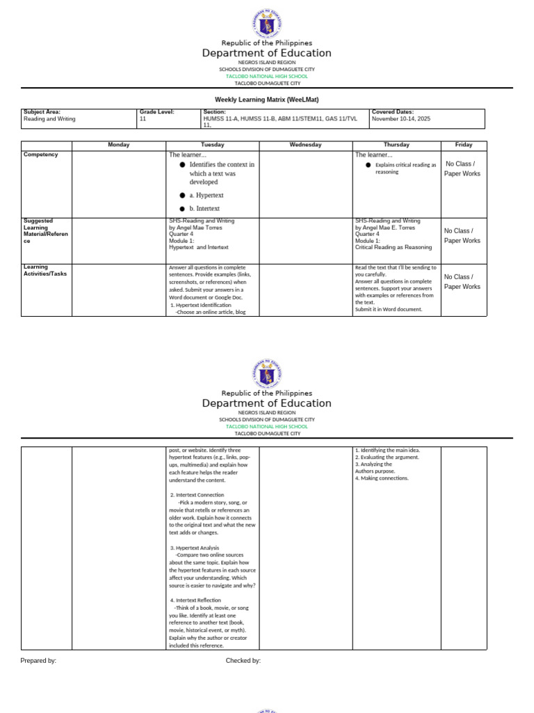 Weekly Learning Matrix for Grade 11 Reading | PDF | Cognition | Human ...