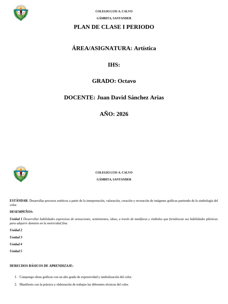 Plan de Aula Artística 8 Primer Periodo | PDF | Color | Aprendizaje