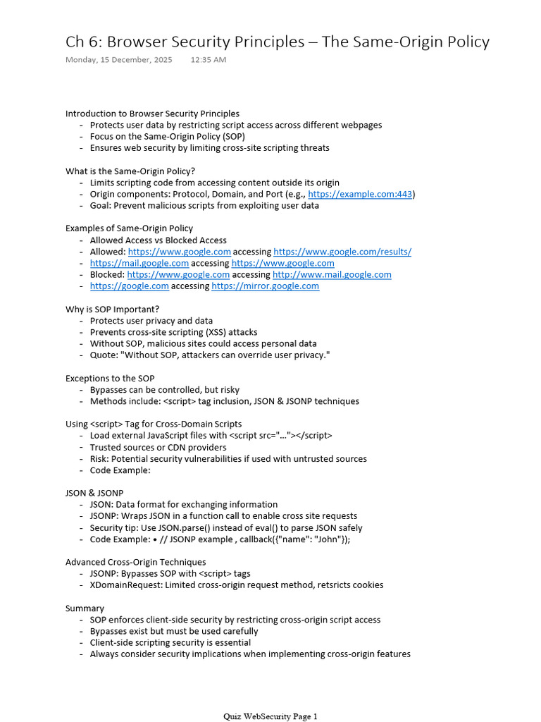 CH 6 Browser Security Principles - The Same-Origin Policy | PDF