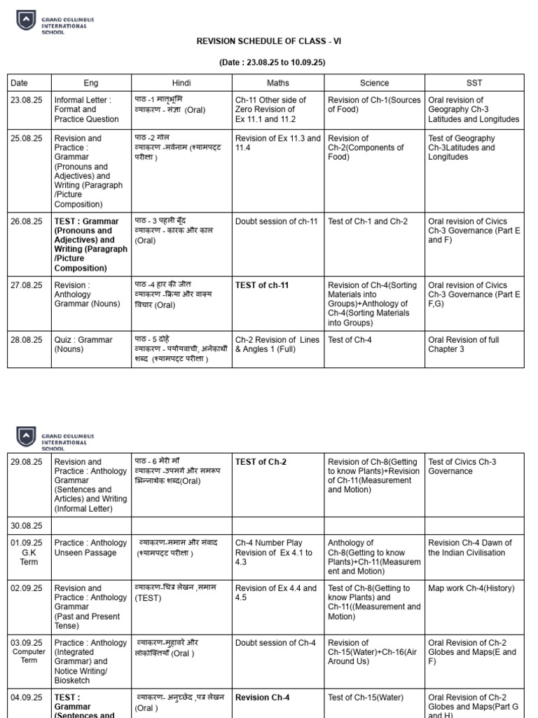 Class VI-VIII Revision Schedule 2025 | PDF | Linguistics | Grammar