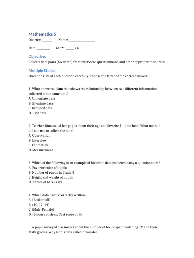 Bivariate Data Collection Quiz | PDF