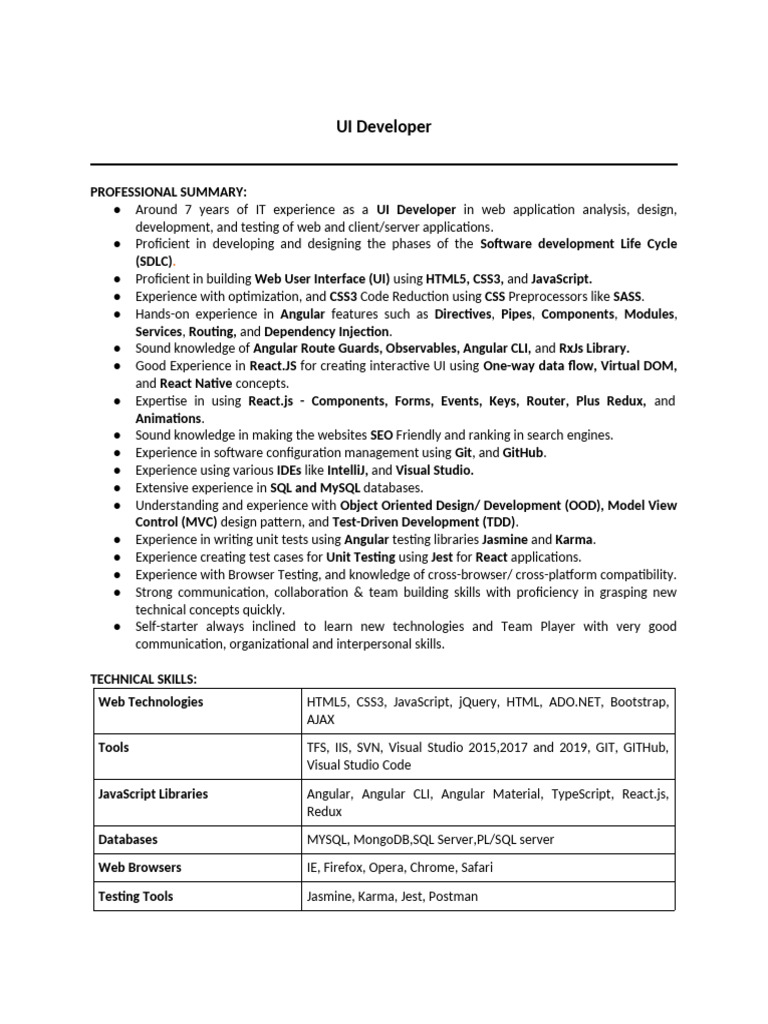 Experienced UI Developer Resume | PDF | Web Application | Java Script