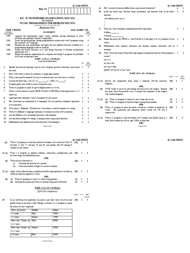 IT22101_PPS MAY-2023 QP | PDF | C (Programming Language) | Software ...