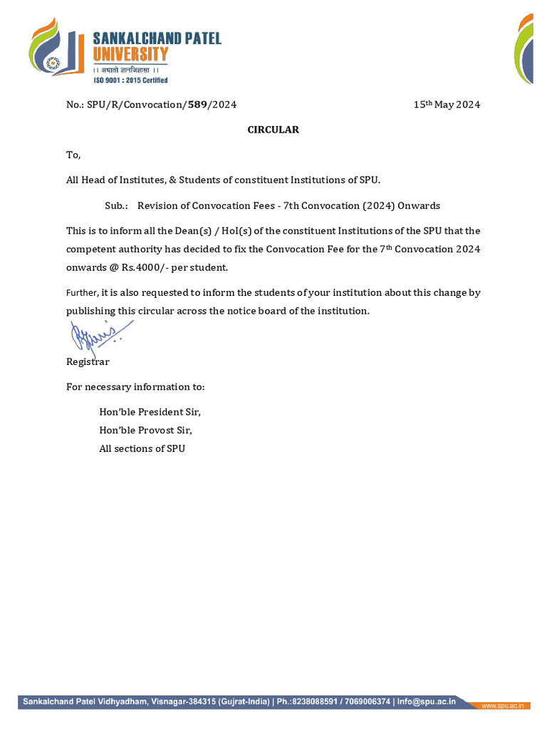 Circular Pertaining to Revision of Convocation Fees | PDF
