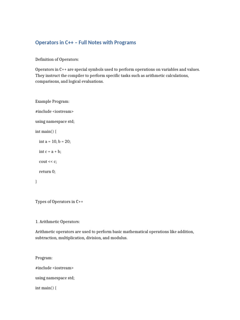 C++ Operators Explained with Examples | PDF | Namespace | C++