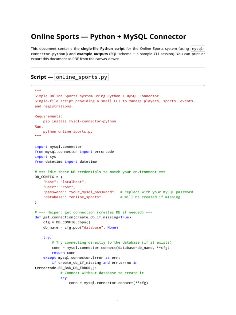 Python MySQL Sports Management Script | PDF | Software | Databases