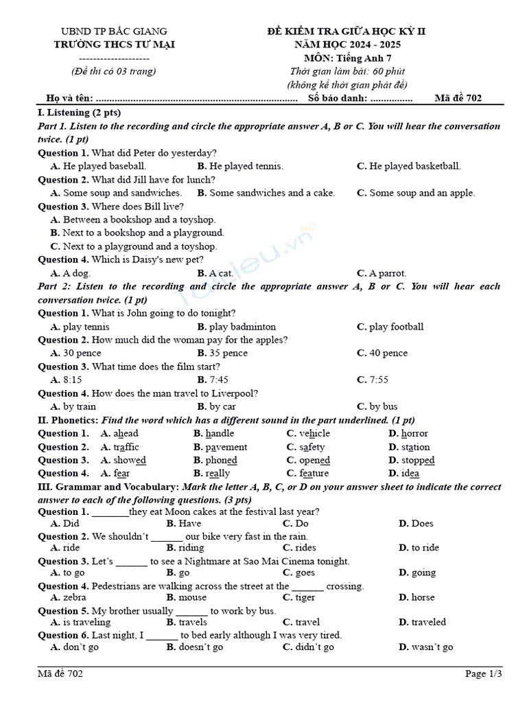 English Exam for Grade 7 - Midterm 2024 | PDF | Christmas | Traffic