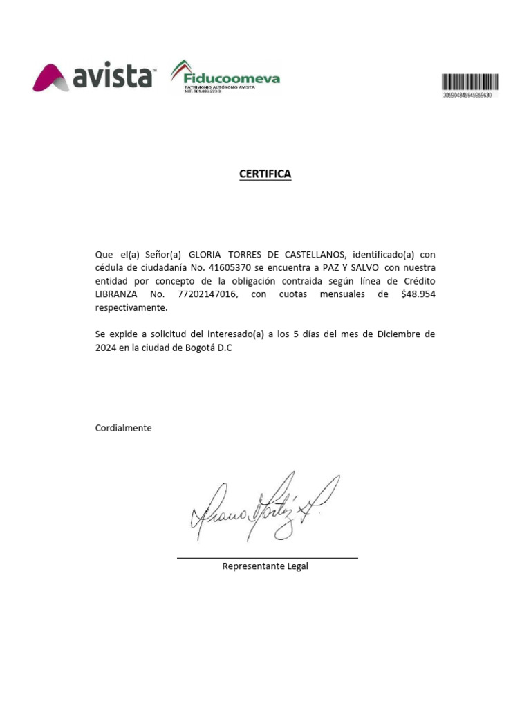 Certificación de Paz y Salvo - Gloria Torres | PDF