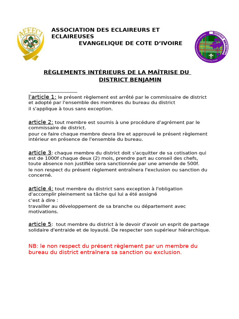 Règlements Intérieurs de la Maîtrise | PDF