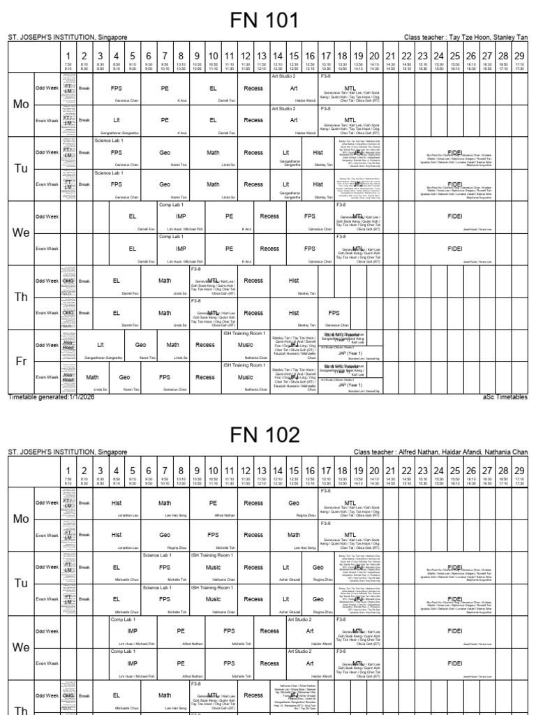 St. Joseph's Institution Timetable 2026 | PDF