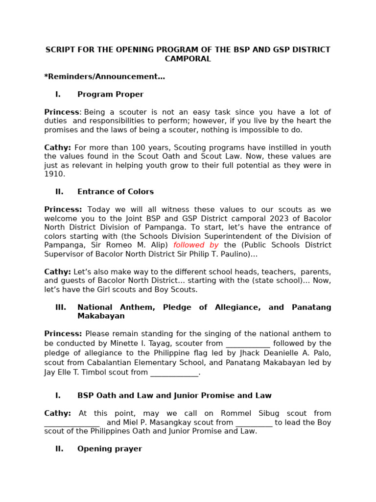 BSP and GSP District Camporal 2023 Program | PDF | State Ritual And ...