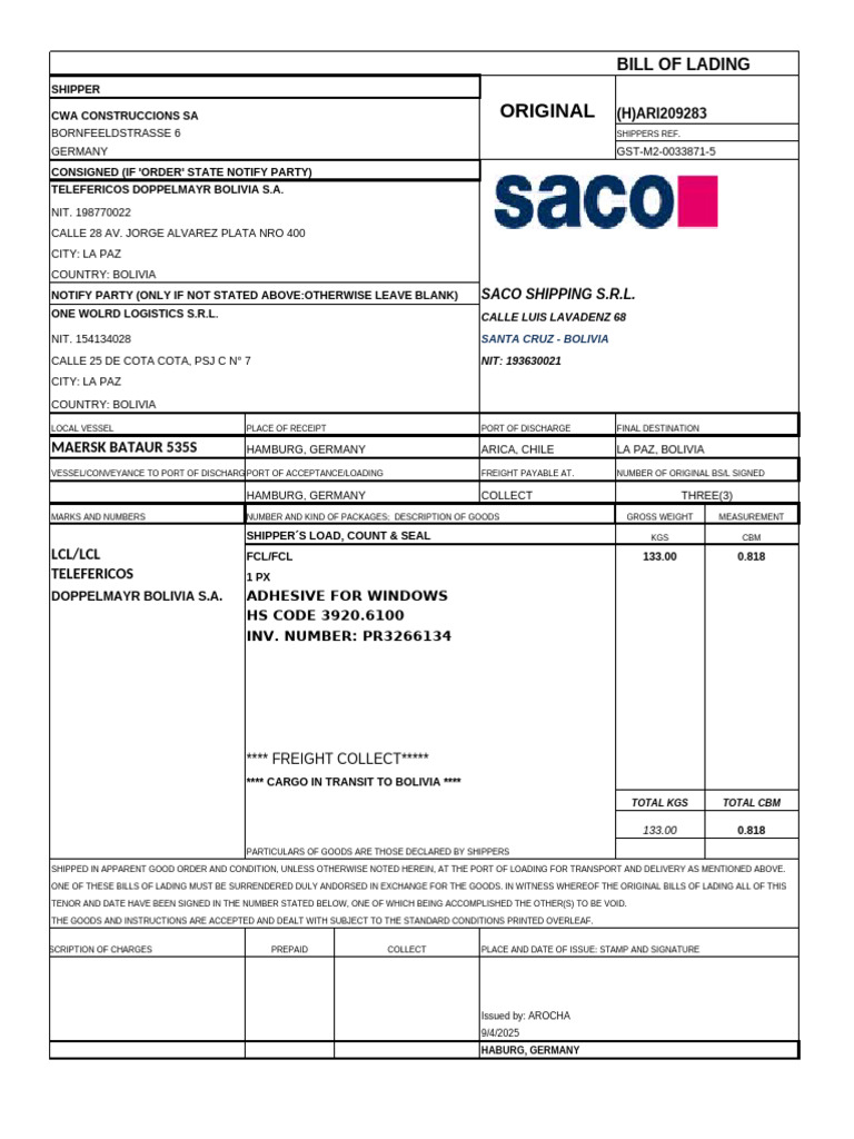 HBL Saco Ship | PDF | Cargo | Bill Of Lading