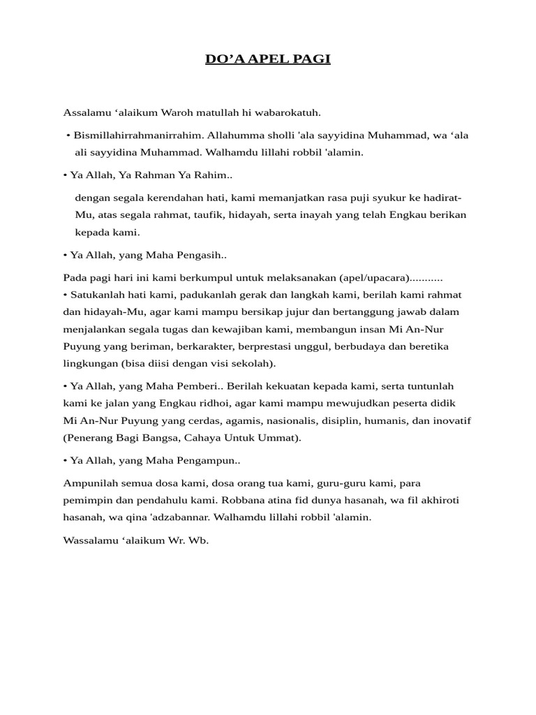 Do'a Apel Pagi untuk Sekolah Mi An-Nur | PDF