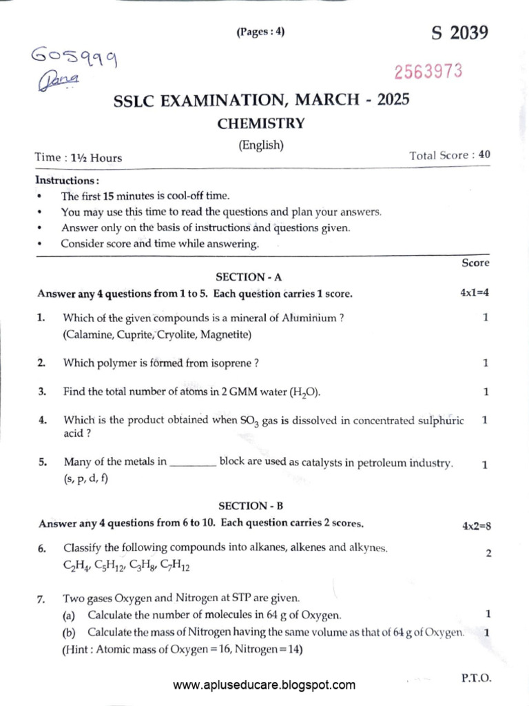 SSLC Chemistry Exam March 2025 Guide | PDF | Chemical Reactions | Oxide