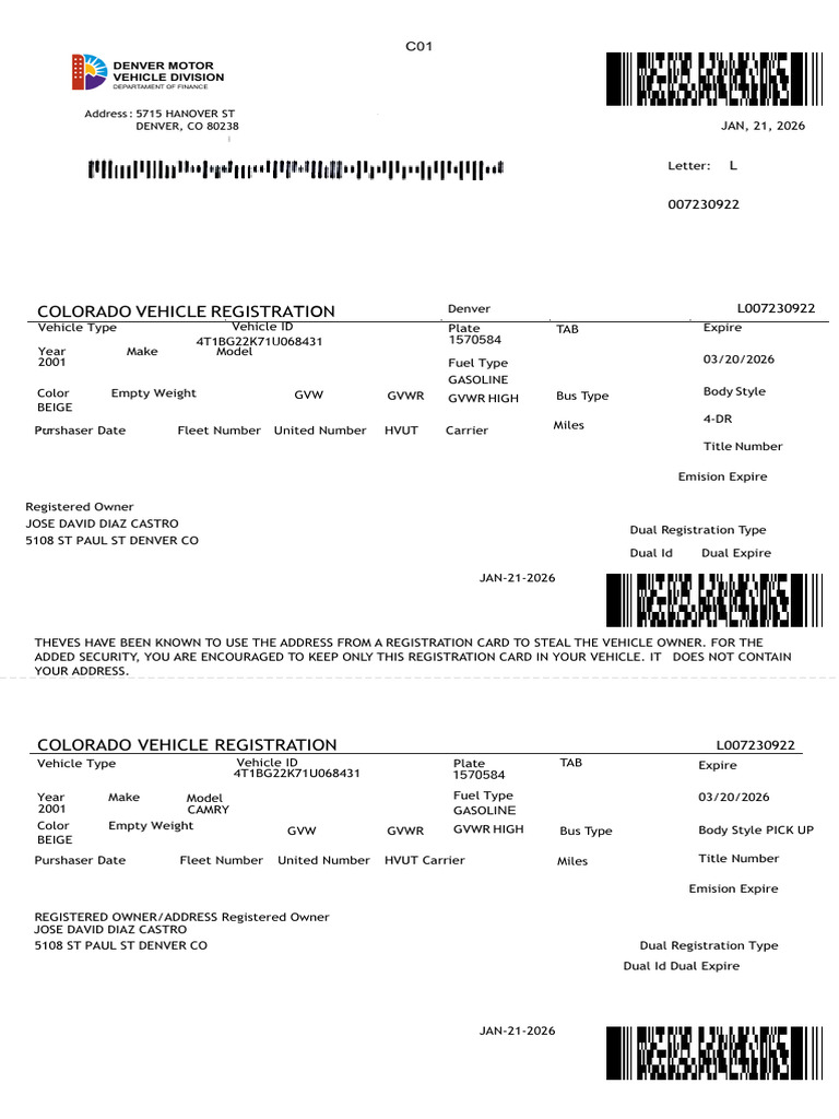 Colorado Vehicle Registration Details | PDF | Automotive Industry ...