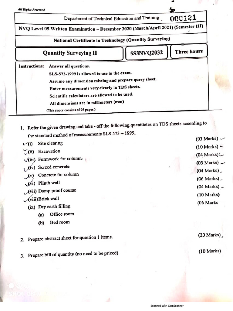 QS 3rd Year Past Paper 2020 Tds | PDF