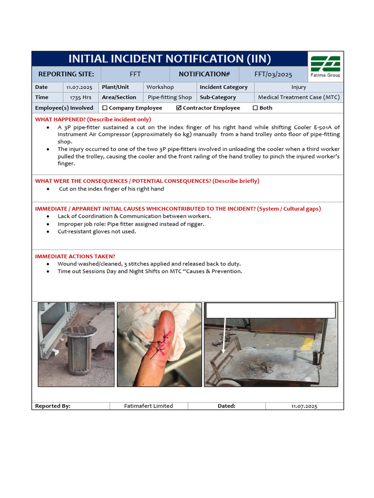 Incident Report: Pipe-Fitter Injury | PDF