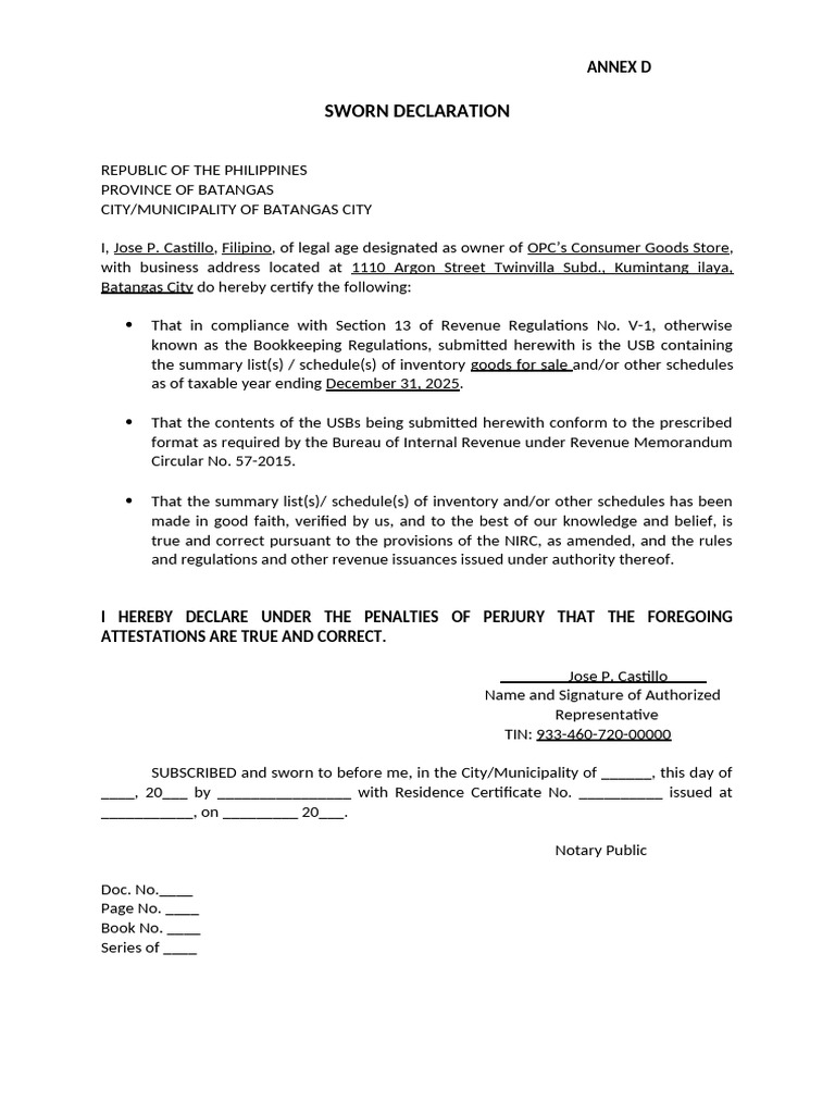 Sworn Declaration for Inventory Submission | PDF