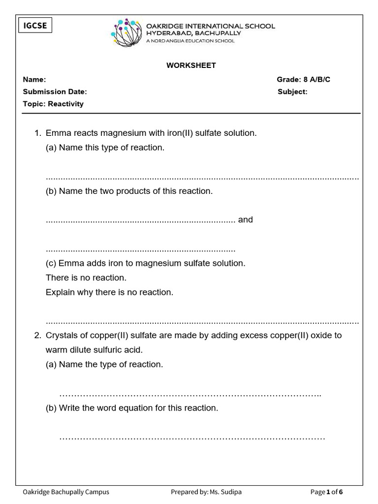 IGCSE Chemistry: Reactivity Worksheet | PDF | Chemical Reactions ...
