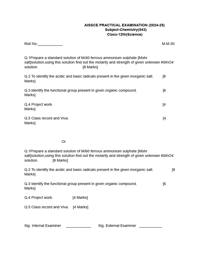 AISSCE Class 12 Chemistry Practical Exam | PDF