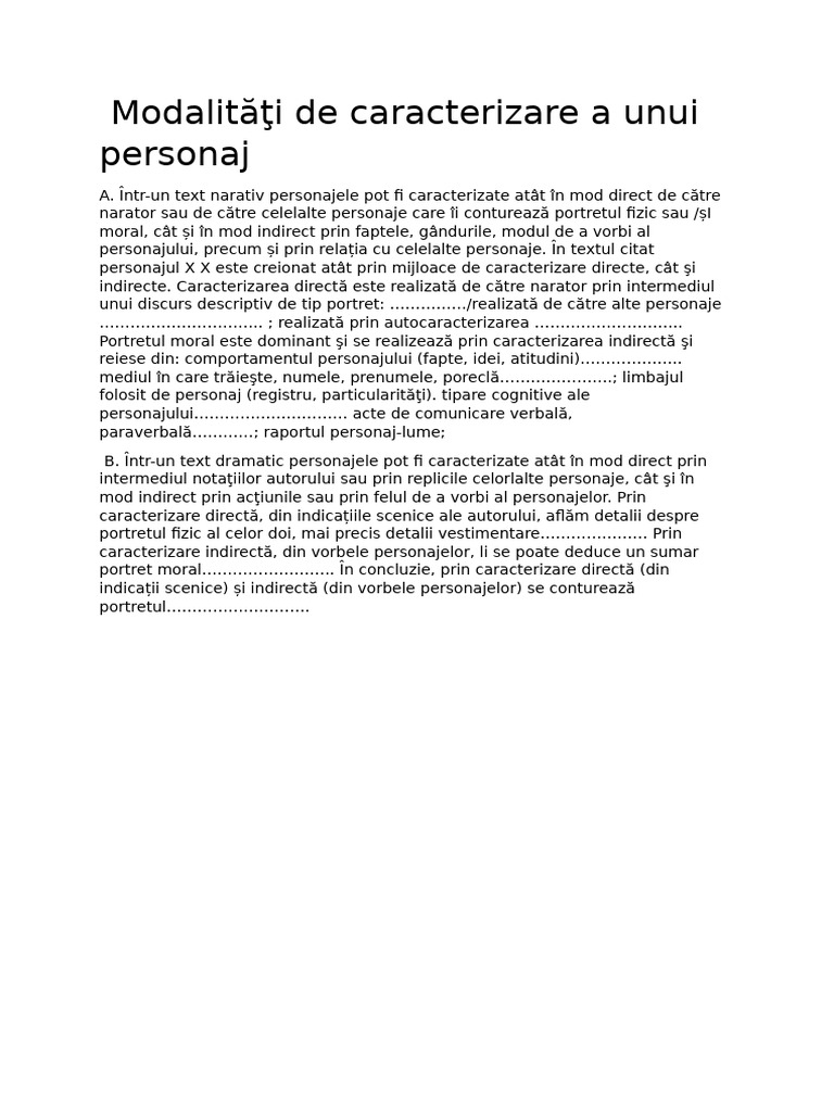 Modalităţi de Caracterizare A Unui Personaj | PDF