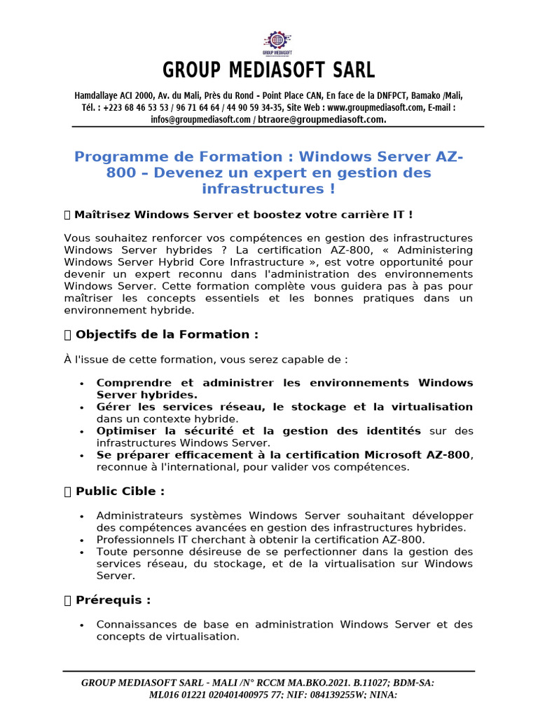 Formation Windows Server AZ-800 au Mali | PDF | Cloud computing ...
