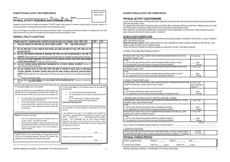 Student Physical Activity Readiness Form | PDF | Physical Fitness ...