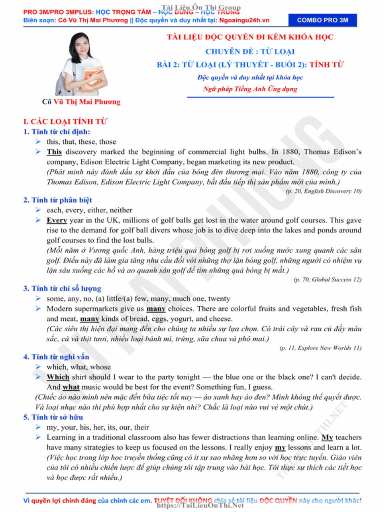3 Co Vu Mai Phuong Tu Loai Ly Thuyet Buoi 2 Tinh Tu | PDF