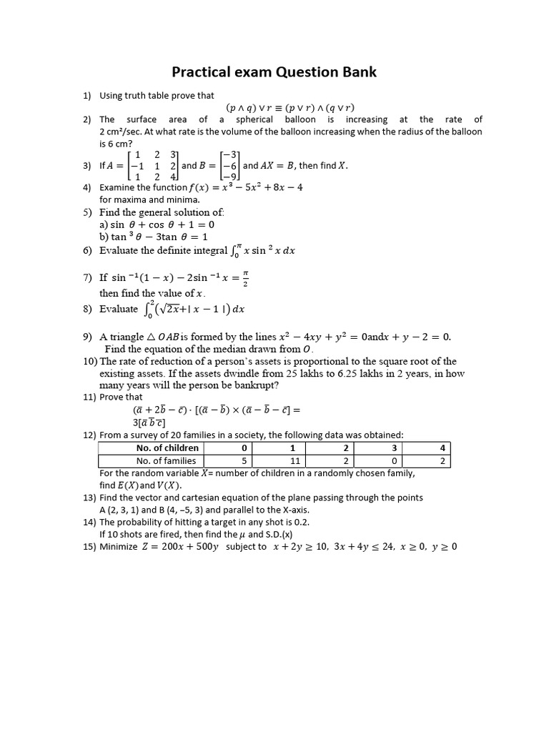 Practical Exam Question Bank for Math | PDF