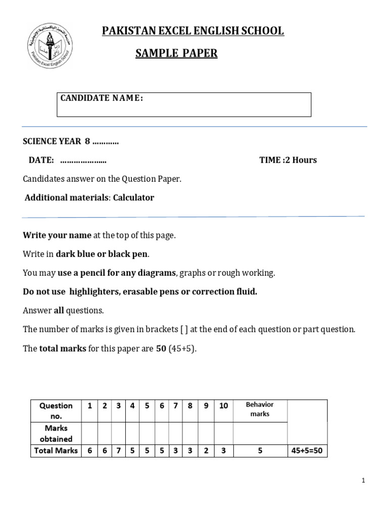 Year 8 Science Sample Paper Guide | PDF | Force | Blood