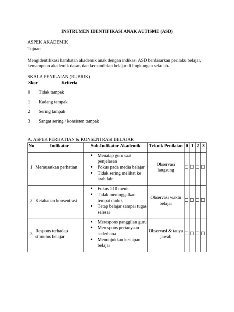 Asesmen Akademik Anak Autisme ASD | PDF