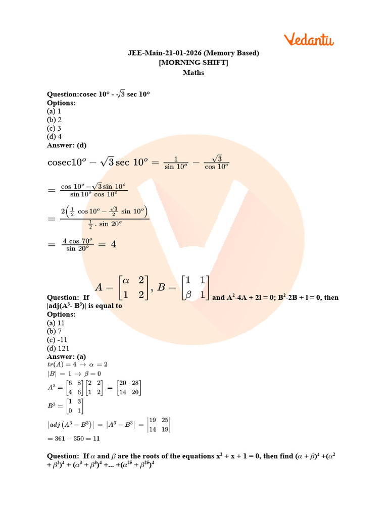 JEE Main 2026 Maths Memory-Based Questions | PDF | Euclidean Plane ...
