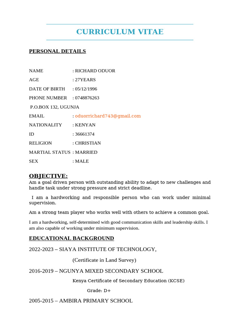 Richard Oduor's CV and Qualifications | PDF