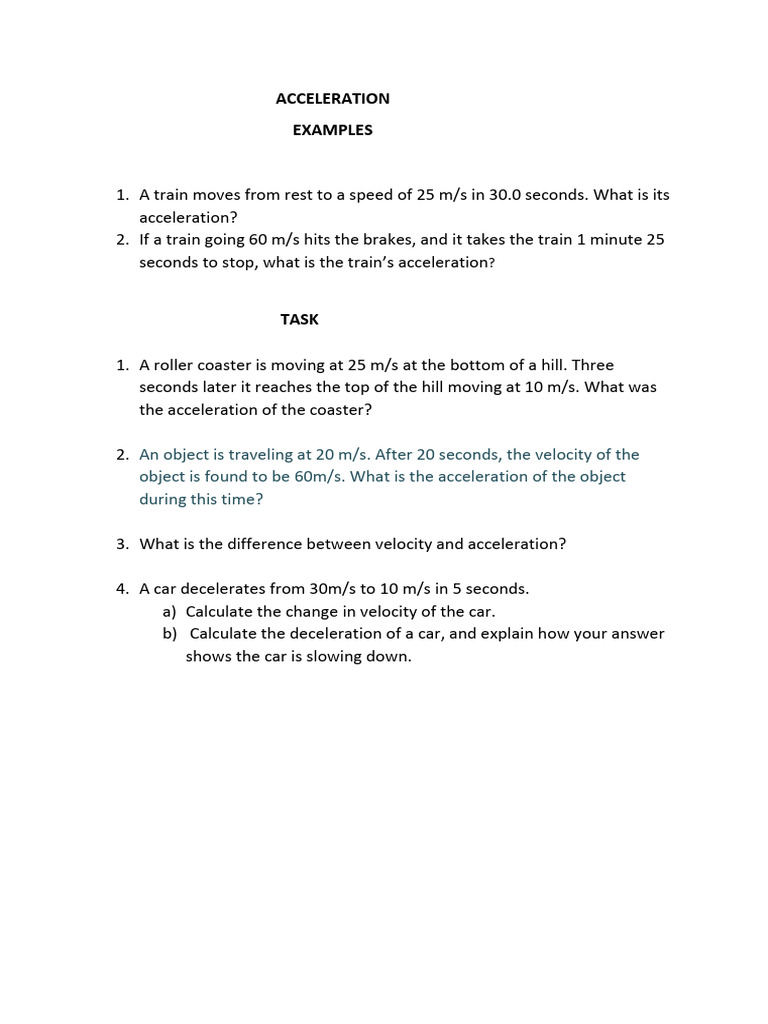 Acceleration Examples and Calculations | PDF