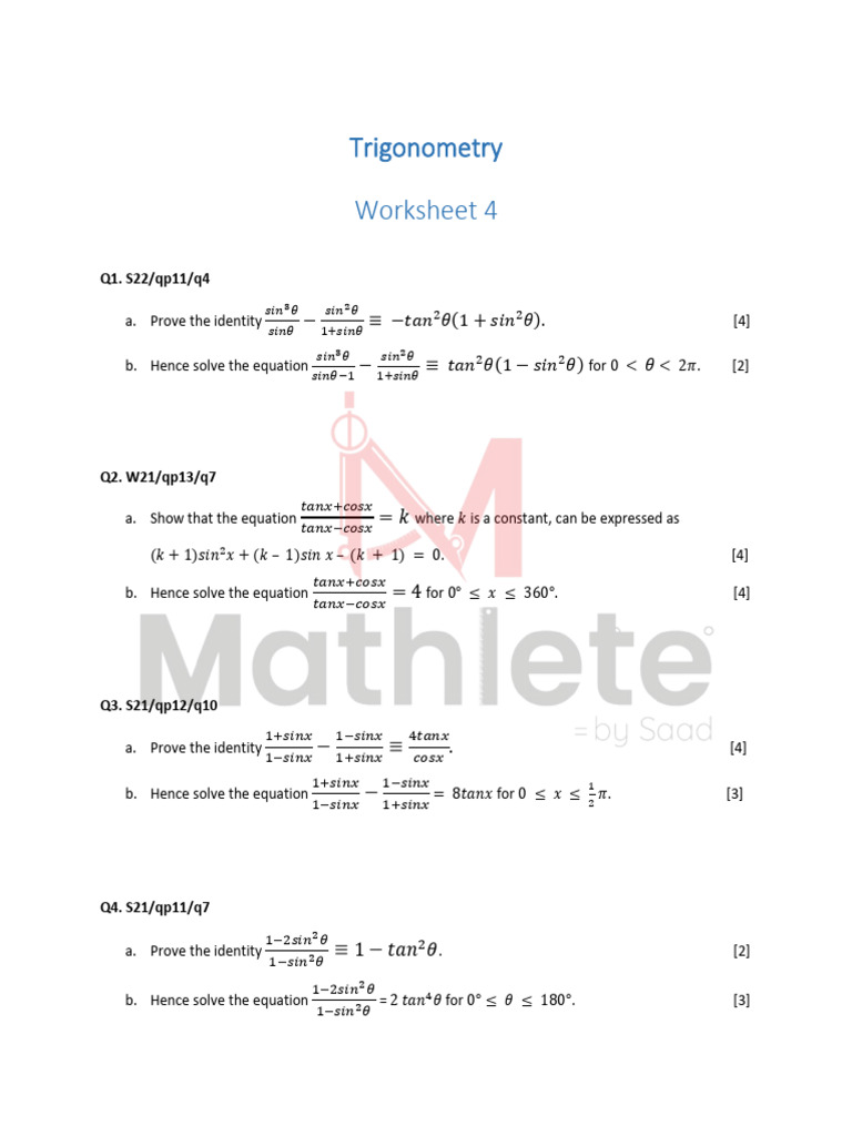 Trigonometry Worksheet: Identities & Equations | PDF | Equations ...