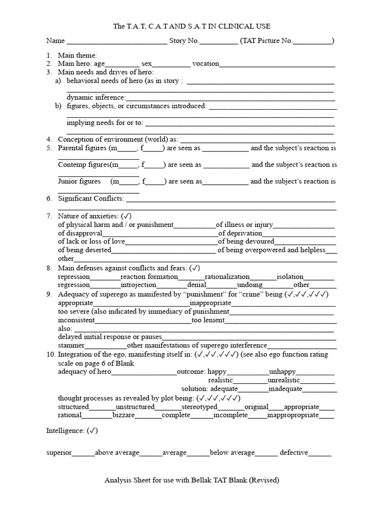Clinical Use of TAT, CAT, and SAT | PDF | Psychological Concepts ...