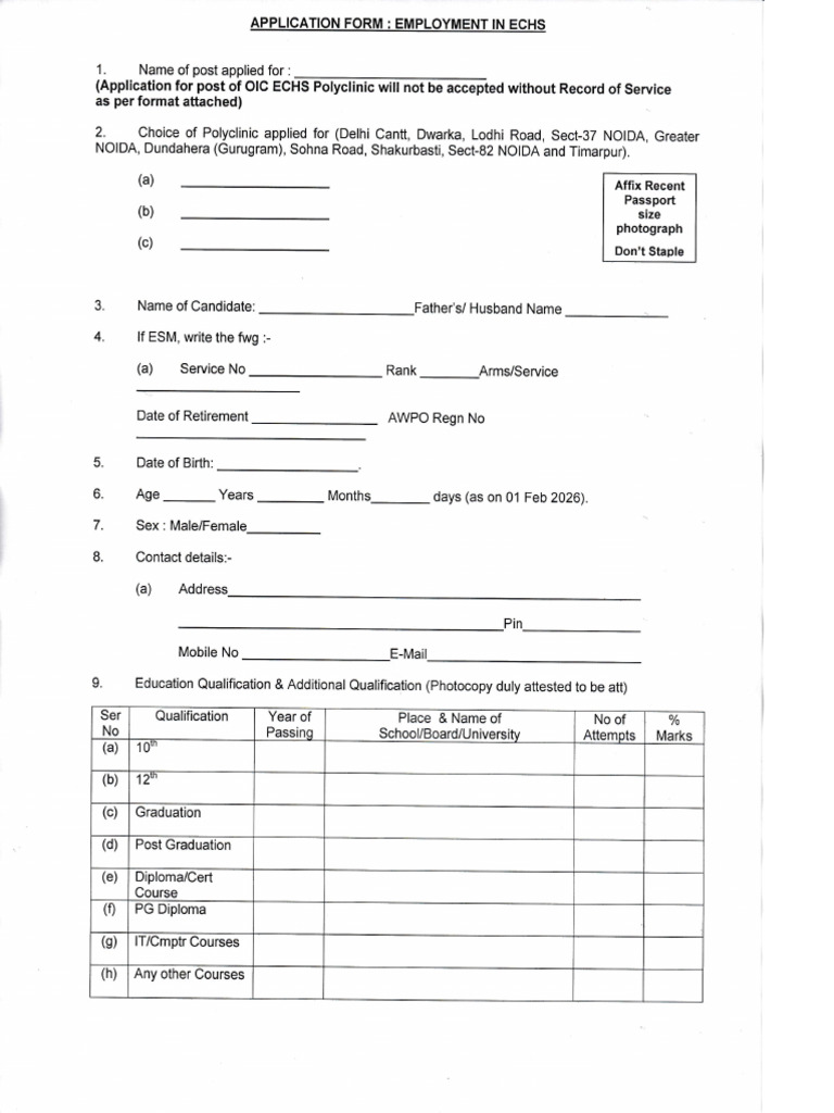 OIC ECHS Polyclinic Application Form | PDF